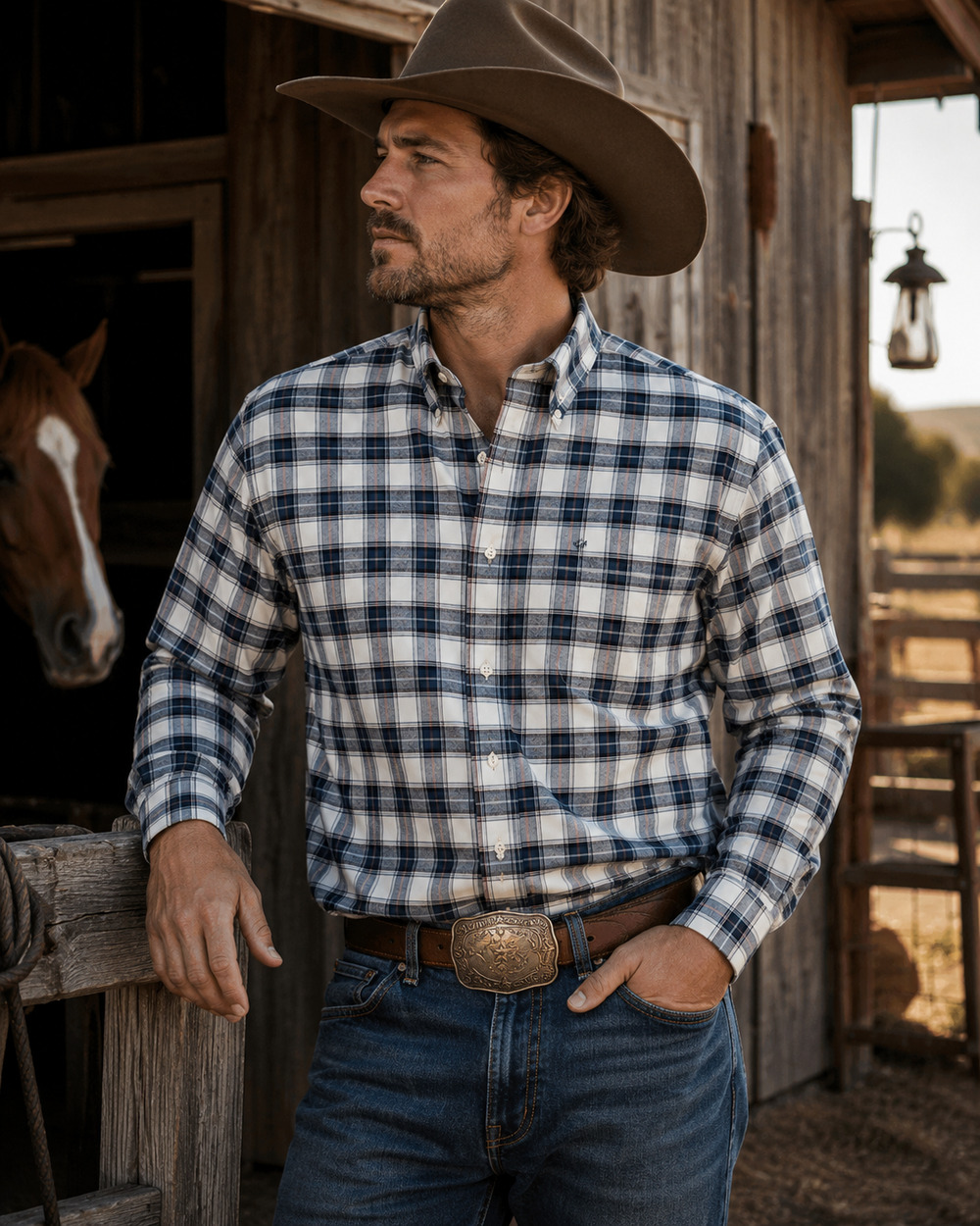 Wrangler Blue White Plaid Western Shirt Cowboy Ranch Button Down Men’s Large